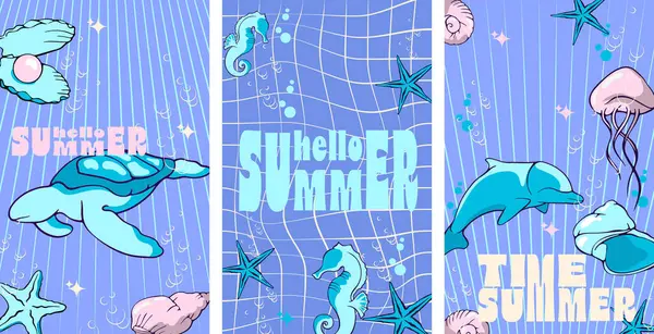 Set Vector Banners Sea Life Summer Poster Hello Summer Стоковый вектор
