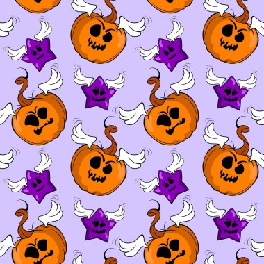 Cadılar bayramı balkabakları ve canavar yıldızlar menekşe arka planda, kusursuz desen