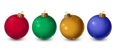 Gerçekçi Noel topları beyaz arka planda izole edilmiş, yeni yıl baloları, altın, kırmızı, yeşil ve mavi toplar.