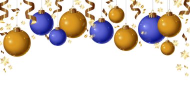 Altın ve mavi noel baloları, altın konfetileri ve kar taneleri, dekorasyon için bayram dekorasyonu.