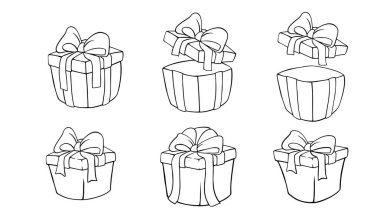 Yay ve kurdeleli basit el çizimi hediye kutuları, hediye paketleri.