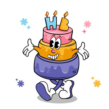 Mumlu bir pasta çizgi film karakteri. Mum vektör illüstrasyonlu mutlu yıllar pastası.