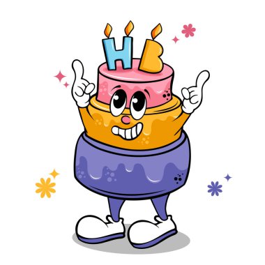 Doğum günü pastası çizgi film karakteri, mum vektör illüstrasyon tasarımlı mutlu doğum günü pastası