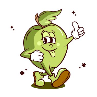 yeşil elma çizgi film karakteri maskotu, eski moda karakter yeşil elma, vektör illüstrasyonu