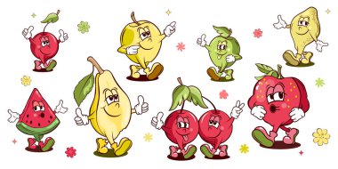 karikatür seti meyveli harika karakter, yaz meyveli etiketler