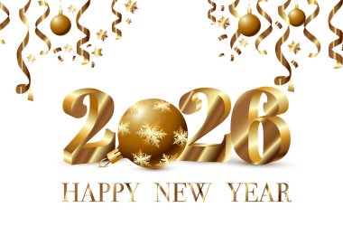 Mutlu yıllar 2026. Altın kurdeleli 3D altın sayı.