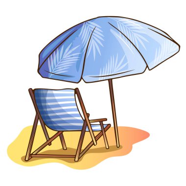 Plaj şemsiyeli yaz resimleri, kumsalda güneşlenen şezlonglar, yazlık tatil özellikleri tasarımlarınız, kartlarınız, posterleriniz, planlarınız ve takvimleriniz için çizilmiş.