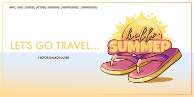 Yaz tatili afişi Merhaba yaz, seyahat, seyahatler, el yazısı, güneş ve parmak arası terliklerle,