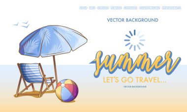 Tatil, seyahat, el yazısı ve yükleme ikonu, plaj şemsiyesi ve güneşlik