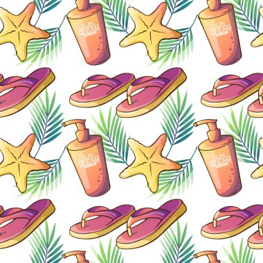 Deniz yıldızı, parmak arası terlik, güneş kremi ve palmiye yapraklarıyla kusursuz yaz deseni. Parlak sarı renk paleti. Tatil temalı tasarımlar, tekstil, ambalaj kağıdı ve dijital arka planlar için mükemmel.