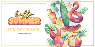 Yaz tabelası Merhaba yaz sörf tahtası, mayo, güneş kremi, palmiye dalları