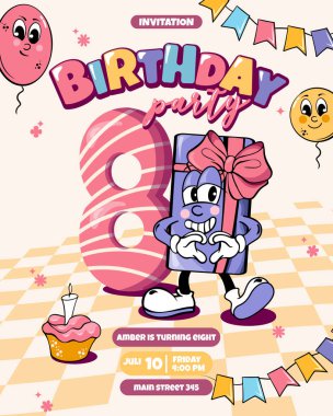 Doğum günü partisi davetiye tasarım şablonu ve sevimli karakter hediye kutusu