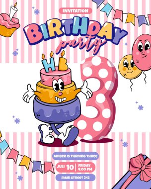 Sevimli çizgi film karakteri pastası ve pembe arkaplanı olan doğum günü kartı.