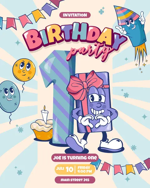 Çocuklar için doğum günü davetiyeleri çizgi film karakterleri hediye balonları ve havai fişekler.