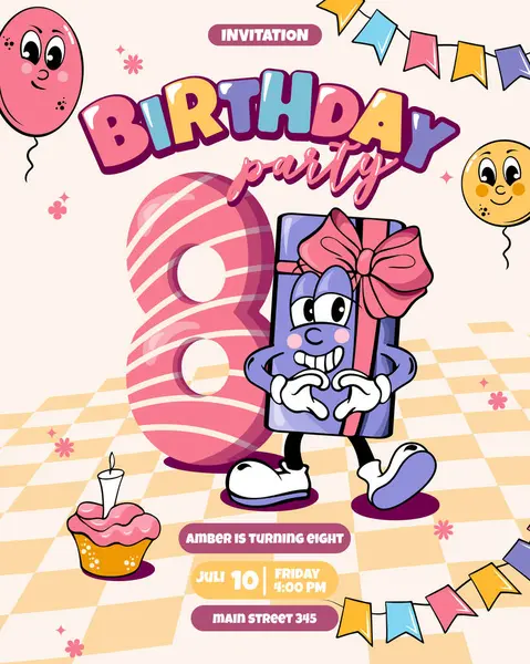 Doğum günü partisi davetiye tasarım şablonu ve sevimli karakter hediye kutusu