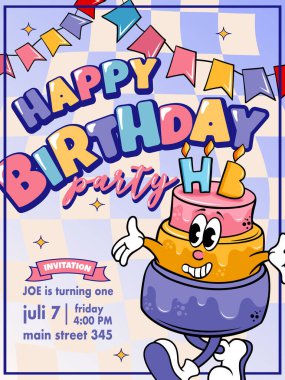 Doğum günü kartı vektör illüstrasyonu ve çizgi film karakteri pastası