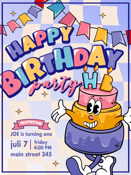 Doğum günü kartı vektör illüstrasyonu ve çizgi film karakteri pastası