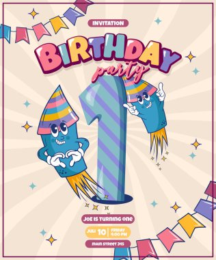 Küçük şirin havai fişekleri olan bir doğum günü kartı.