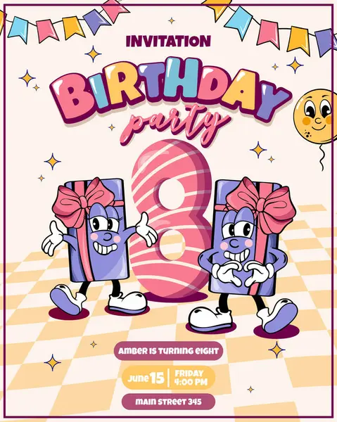 Çizgi film tarzında harika karakterli çocukların doğum günü kartı..