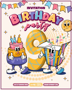 Mutlu yıllar parti posteri, 9. yaş günü davetiyesi.