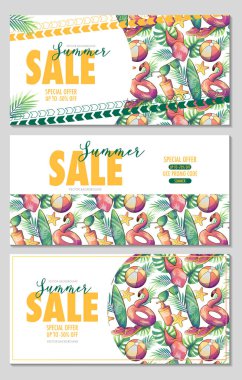 Tropikal yapraklı yaz indirimi afişlerinin vektör çizimleri. Tropikal arka plan. Poster, broşür ve davetiye tasarımı.