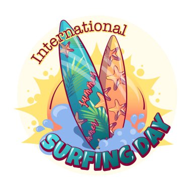 Uluslararası Sörf Günü için renkli vektör illüstrasyonunda tropikal elementler, denizyıldızı, palmiye yaprakları ve yaz metinleriyle süslenmiş iki sörf tahtası yer alıyor. Arka planda parlak güneş ve okyanus dalgaları var. Eğlenceli ve canlı tasarım yaz için mükemmel.