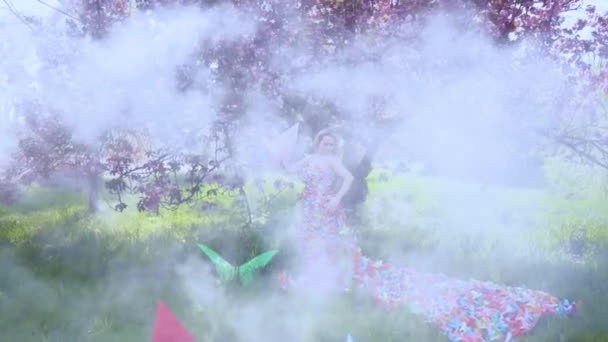 Красива Жінка Метеликами Навесні Сакура — стокове відео