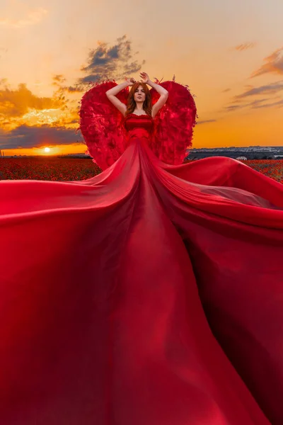 Όμορφη Γυναίκα Κόκκινα Φτερά Στο Χωράφι Τις Παπαρούνες — Φωτογραφία Αρχείου