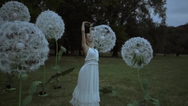 Bela Bailarina Com Flores Gigantes Dente Leão — Vídeo de Stock