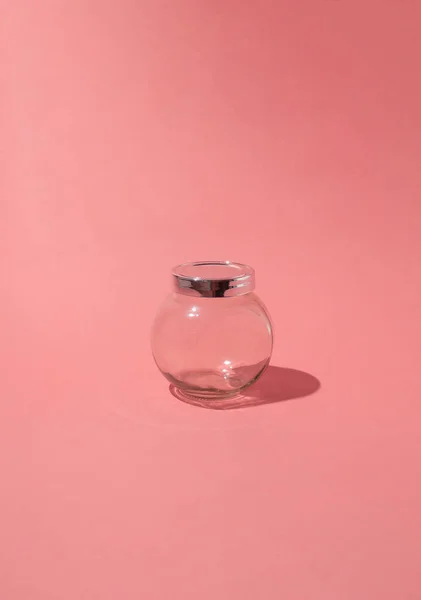 Lege Glazen Pot Creatieve Roze Achtergrond Vlakke Lay Bovenaanzicht — Stockfoto