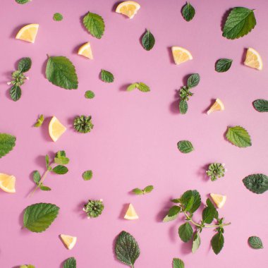 Limon meyvesi ve limon yaprağından yapılmış renkli desenler. Düz yatıyordu