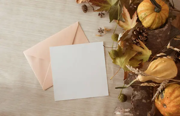 Creative autumn composition with pumpkins, fallen leaves and open envelope. Copy space flat lay