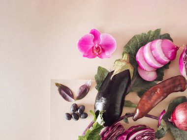 Sağlıklı mor organik sebzeler. Yaratıcı minimalist yakın çekim konsepti. Düz yatıyordu
