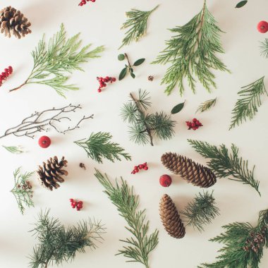 Yılbaşı ağacı dallarından, kozalaklardan ve mermer zemin üzerinde kırmızı böğürtlenlerden oluşan desen. Noel konsepti. Düz yatıyordu.