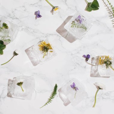 Mermer zemin üzerinde bahar çiçeği desenli buz küpleri.