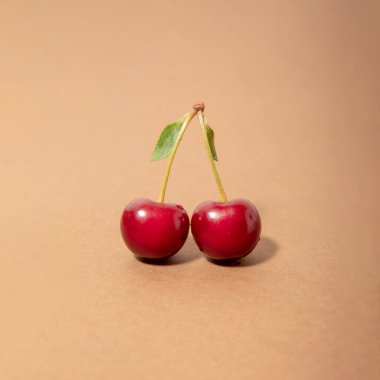 Kahverengi arka planda bir çift taze kiraz.