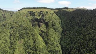 Yoğun dağ ormanı. Üst görünüm, doğanın hava incelemesi. Yeşil tepeler. Baharda dağ kalabalığı. 4K