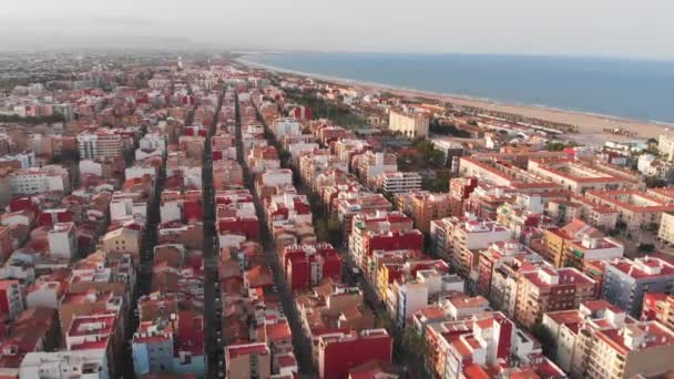 Luftaufnahme Über Dem Strand Und Den Häusern Von Malvarrosa Blick — Stockvideo
