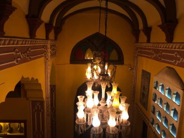 vintage chandelier at the old building, beautiful architecture, Lahore haveli restaurant inside