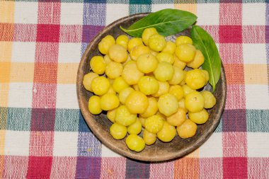 Yıldız Bektaşi (Phyllanthus acidus Skeels) Tropikal bölgelerde yetişen asit yeşili egzotik meyveler. Tipik bir tabakta kareli bir masa örtüsünde servis edilir.