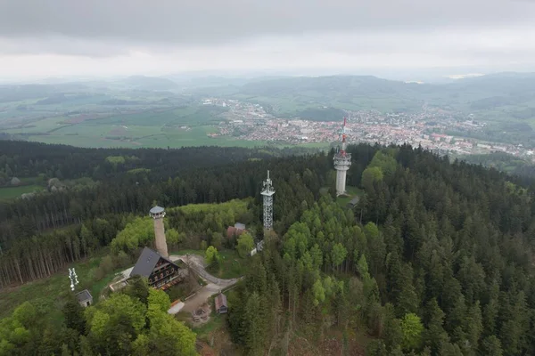 Aerial View Top Svatobor Hill Historic Lookout Tower Tourist Hut — Stock Photo, Image