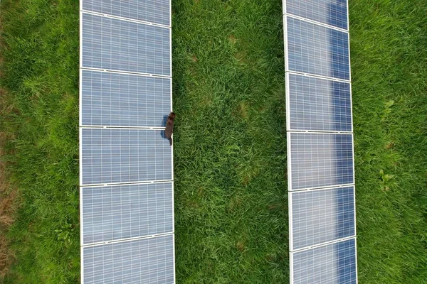 现代太阳能发电厂 光电面板绿色能源生产 新发电厂 2022年欧洲能源危机 绿色交易 捷克共和国 欧洲联盟 云雾中的空中全景 — 图库照片