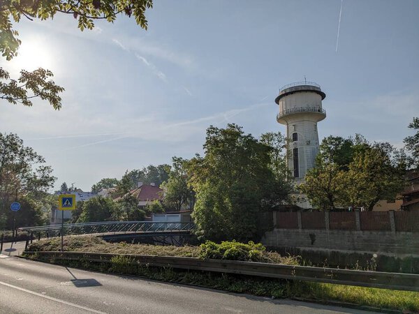 Nymburk old Water tower reservoir in historical city center panorama view