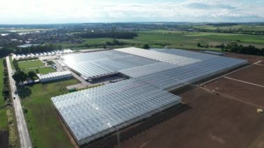 Güneşli havada yukarıdan cam seralar, havadan manzaralı büyük cam evler, Avrupa 'da yoğun modern tarım.