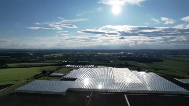 Glass Greenhouses Sunny Weather Big Glass Houses Aerial Panorama Landscape — Stock Video