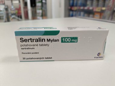 Prague, Czech Republic - July 10 2024: SERTRALIN MYLAN box of medication with SERTRALINE active substance by MYLAN, used for treatment of depression, anxiety disorders, and OCD. clipart