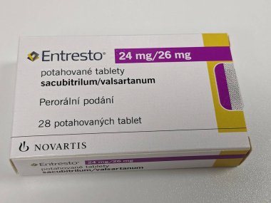 Prague,Czech republic- March 29 2024:Entresto pills by Novartis with combination of active substances Sacubitril and Valsartan clipart