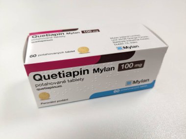 Prague,Czech republic- May 20 2024: box of QUETIAPIN TEVA SLow release Czech medication with quetiapine active substance made by pharmaceutical company TEVA clipart