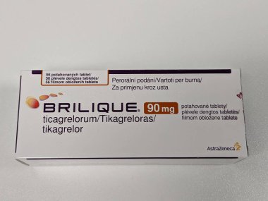 Prag, Çek Cumhuriyeti 23 Mayıs 2023: Eczane-Brilique-Ticagrelor aktif maddesi felç, kalp krizi, akut koroner sendromu ve diğer olayları önlemek için kullanılan bir ilaçtır..