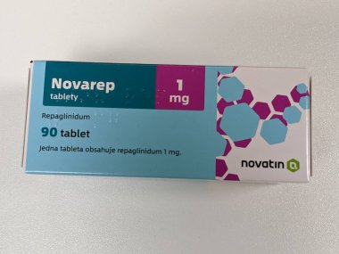 Prague,Czech republic- April 4 2024: Novarep box of medication with active substance Repaglinidum made by pharmaceutical company Novatin ,diabetes treatment clipart